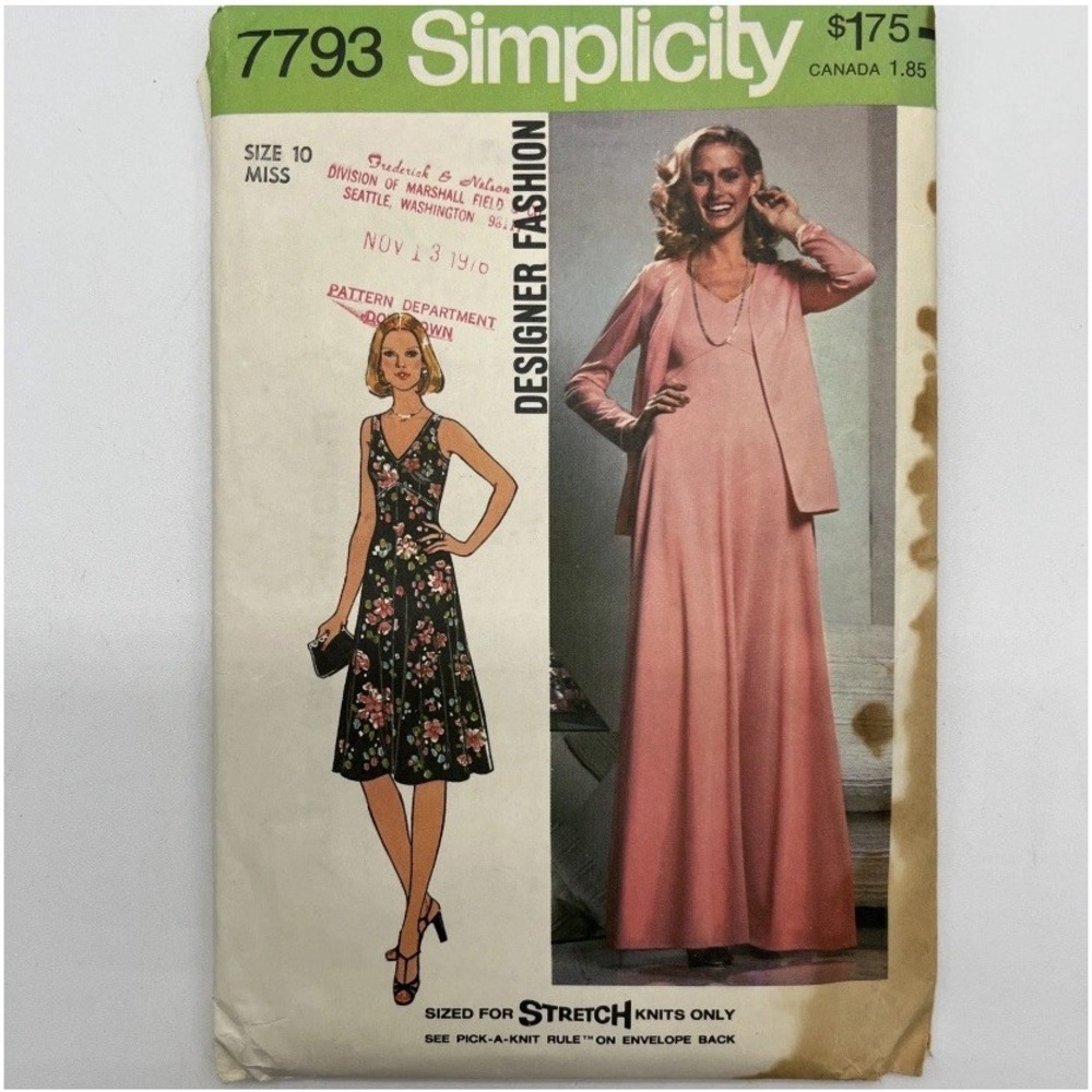 Simplicity 7793 Pullover Dress Unlined Jacket Size 10 Vintage 1976 Uncut